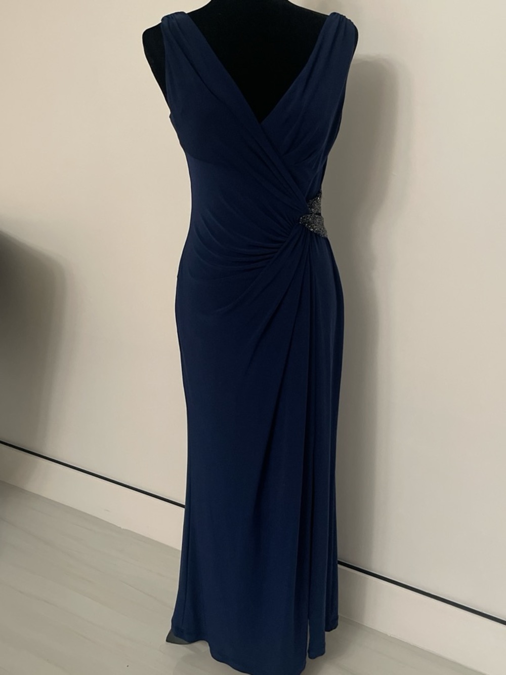 Ralph Lauren Navy Sleeveless Draped Maxi Dress with Side Embellishment